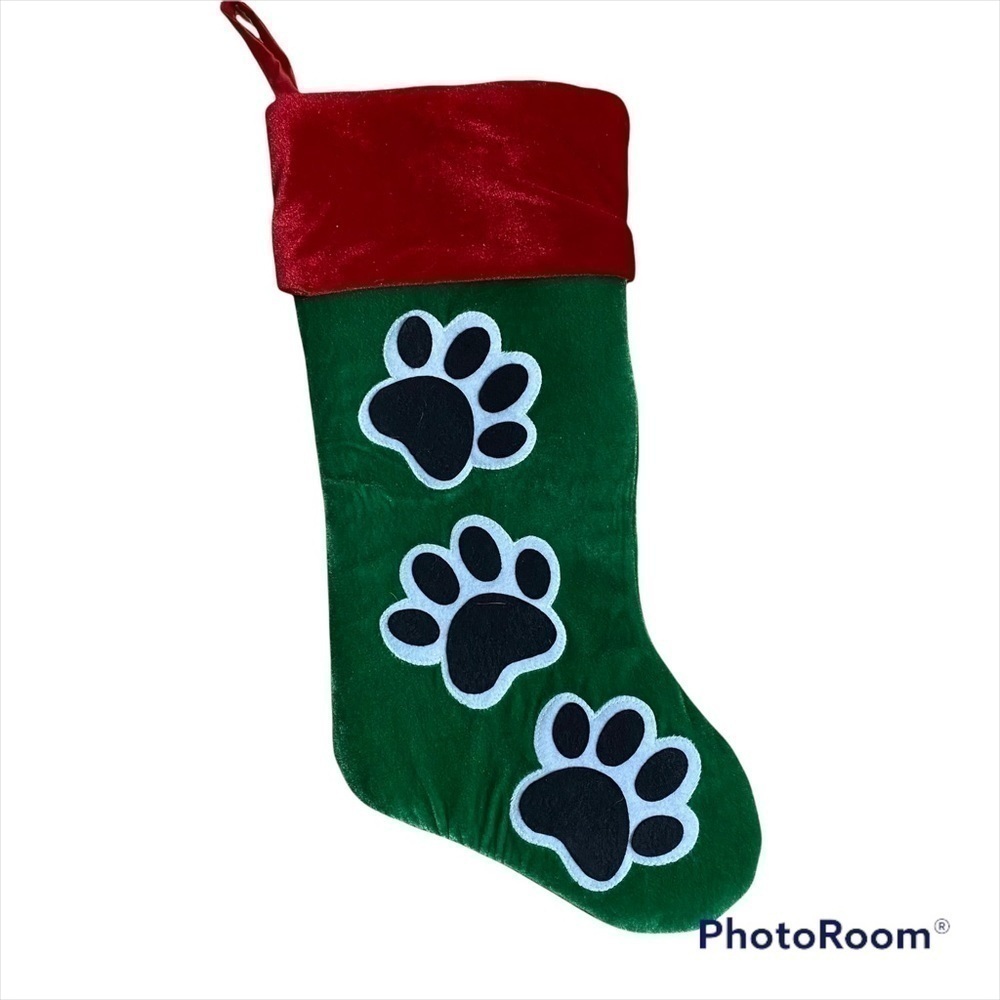 Dog Paw Christmas Stocking Green Red Pet Holiday